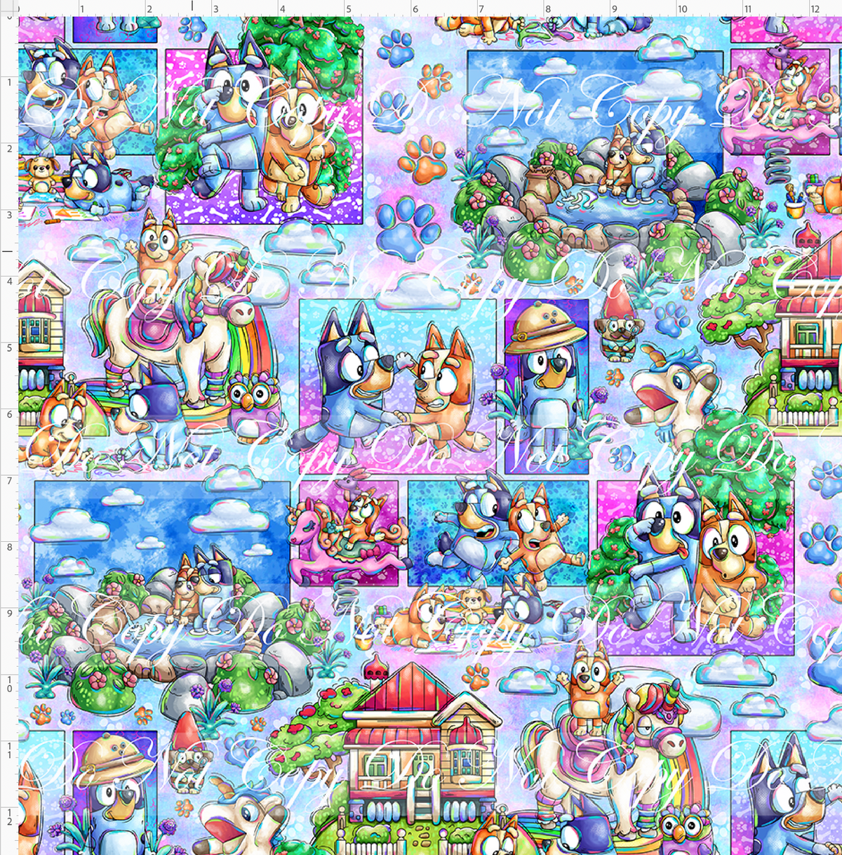 Heeler Hideaway - Characters in Squares - Blue Purple - regular scale