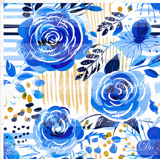 Bold Florals - Blue Roses on Goldenrod - SMALL SCALE