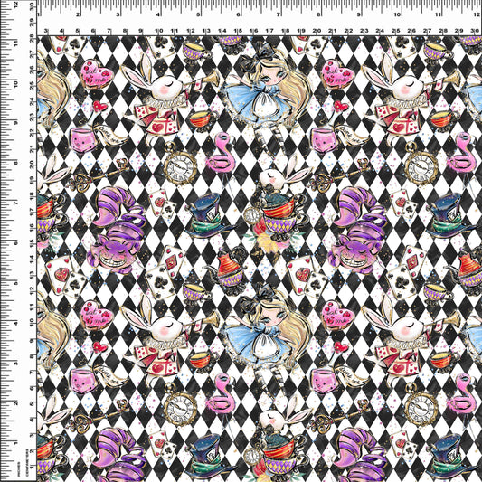 R107 Wonderland Tea Party - Main Toss -Black and White Harlequin - SMALL SCALE